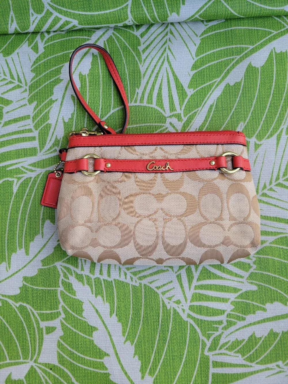Coach Gallery Signature Medium Canvas Wristlet in Khaki/Presimmons or Tan/Orange